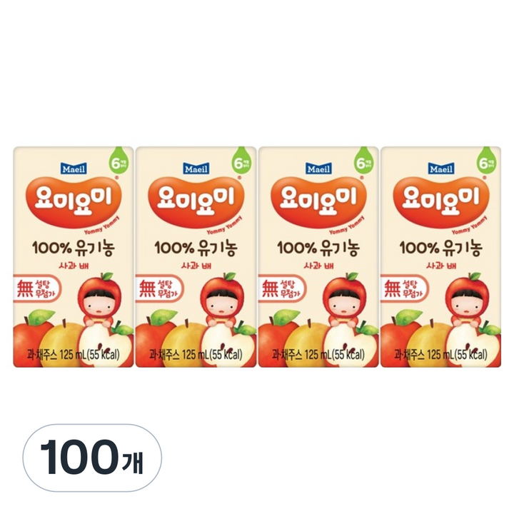 요미요미 100% 유기농 주스 사과 배, 125ml, 100개