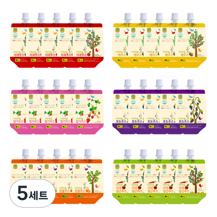 자연마을 착즙주스 사과 100ml x 5p + 배 100ml x 5p + 딸기 100ml x 5p + 포도 100ml x 5p + 제주감귤 100ml x 5p + 사과당근 100ml x 5p, 5세트