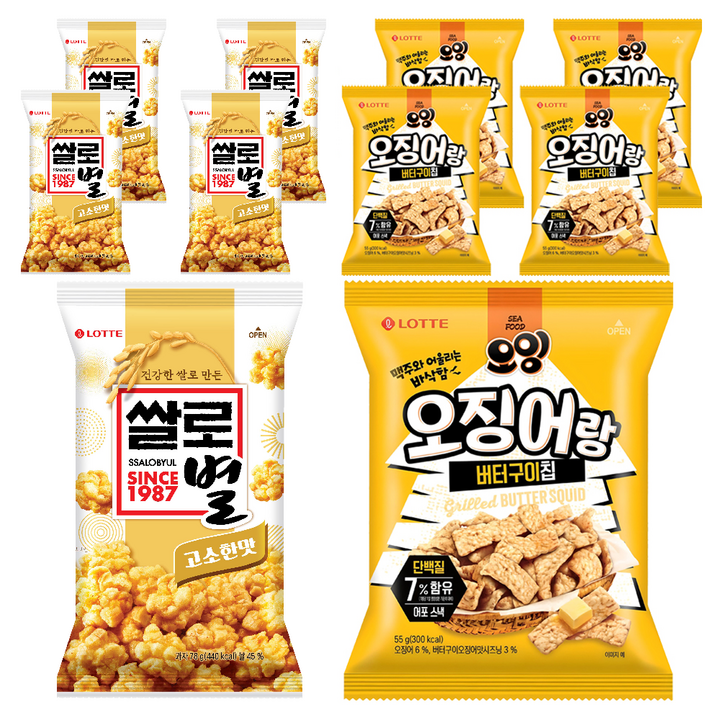 롯데웰푸드 오잉 오징어랑 버터구이칩 55g 5p + 쌀로별 고소한맛 78g 5p, 1세트