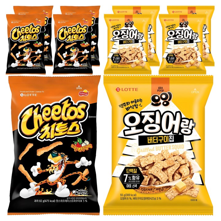 롯데웰푸드 오잉 오징어랑 버터구이칩 55g 5p + 치토스 매콤달콤 82g 5p, 1세트, 55 g, 82 g