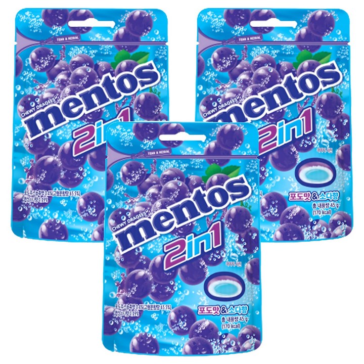 멘토스 2in1 그레이프소다향 캔디, 45g, 3개