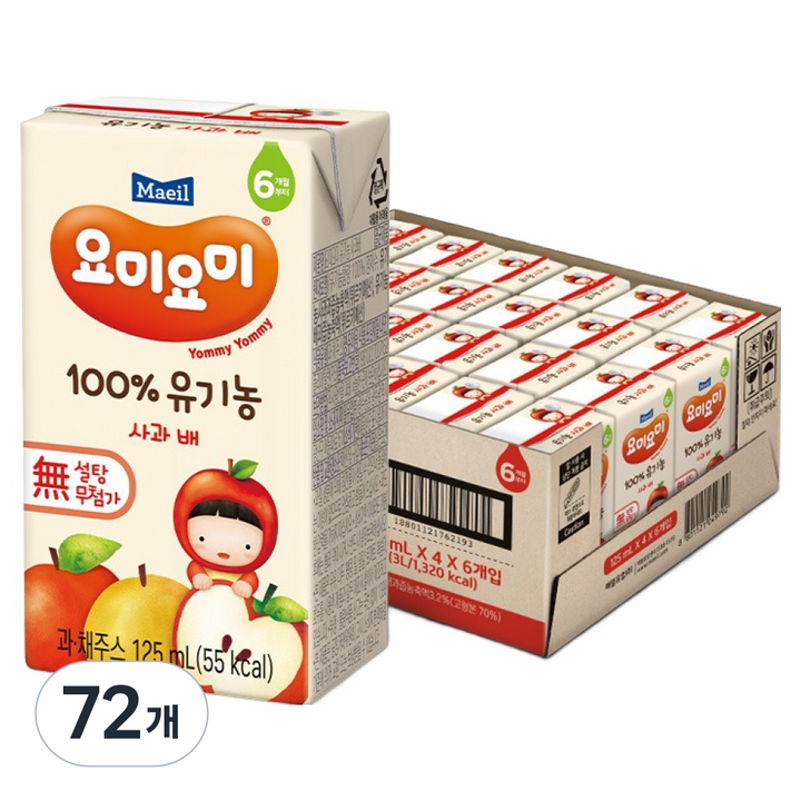 요미요미 100% 유기농 주스 사과 배, 125ml, 72개