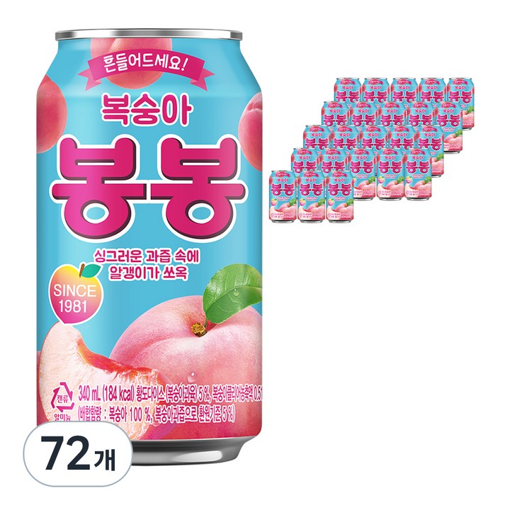 해태htb 복숭아 봉봉, 340ml, 72개