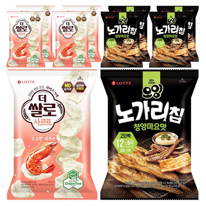 롯데웰푸드 더쌀로 사르르 고소한새우맛 50g 5p + 오잉 노가리칩 청양마요맛 60g 5p, 1세트