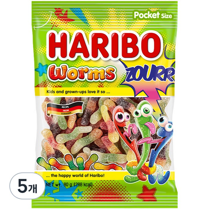 하리보 웜즈 사우어 젤리, 80g, 5개