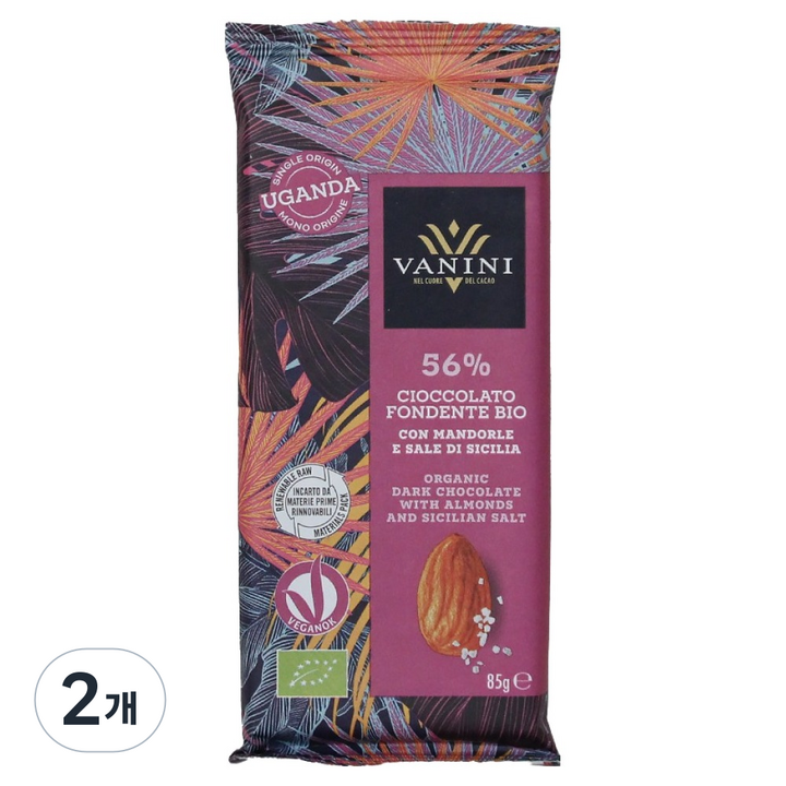 바니니 유기농 아몬드 시칠리안 솔트 다크 56% 초콜릿, 85g, 2개