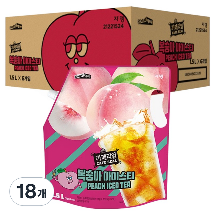 까페리얼 쟈뎅 복숭아 에이드, 1.5L, 18개