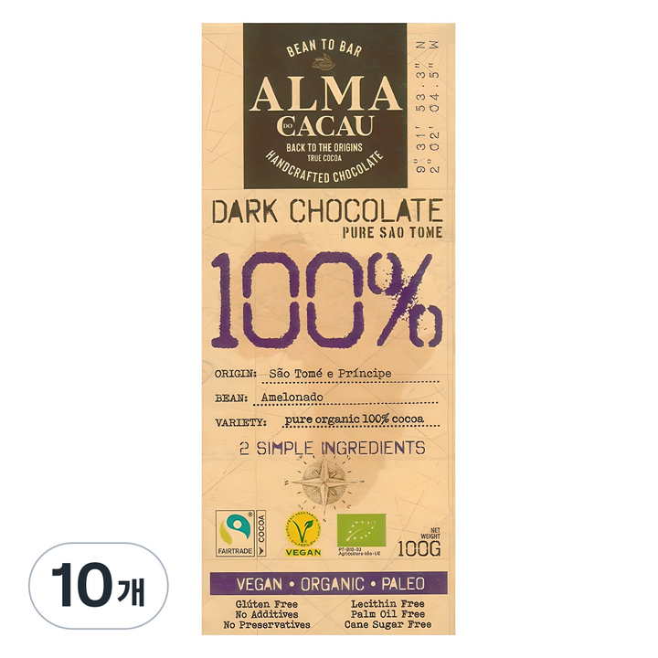 알마카카우 유기농 다크 초콜릿 100%, 100g, 10개