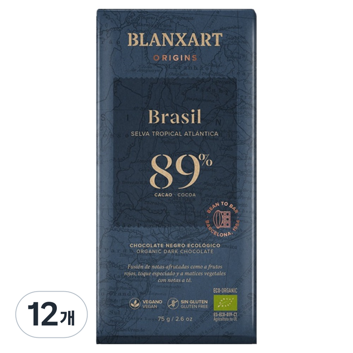 블랑사르트 유기농 다크 89% 빈투바초콜릿, 75g, 12개