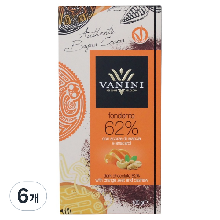 바니니 다크 초콜릿 62% 오렌지 제스트&캐슈, 100g, 6개