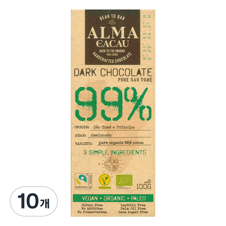 알마카카우 유기농 다크초콜릿 99%, 100g, 10개