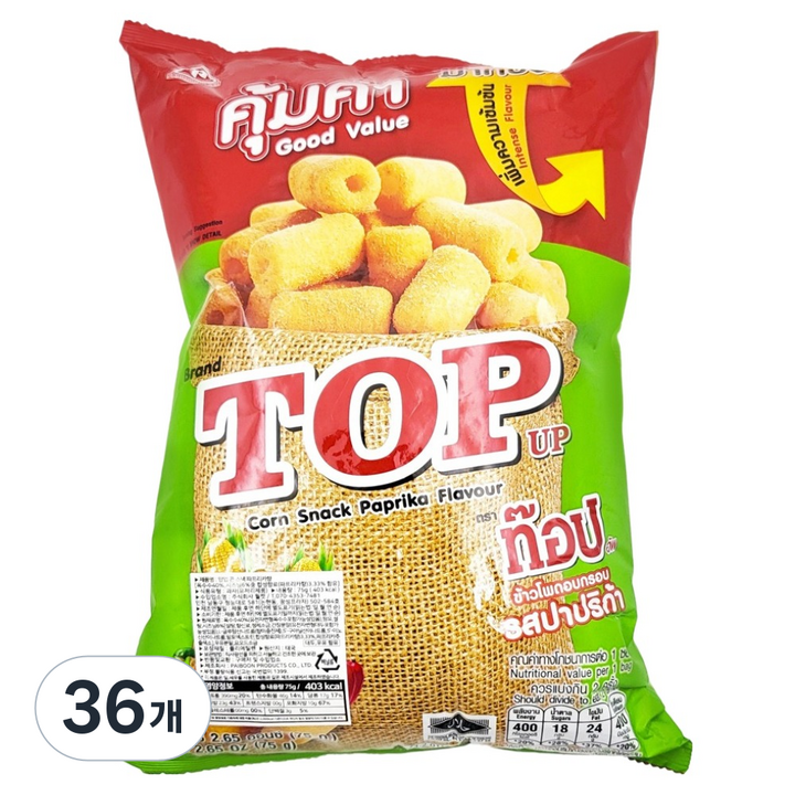 탑업 파이분 콘 스낵 파프리카 플레이버, 36개, 75g