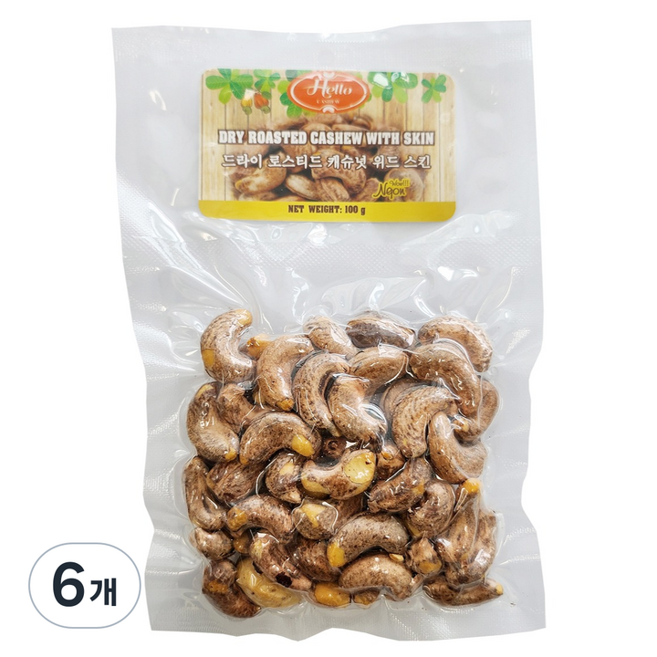 헬로캐슈 솔티드 구운 캐슈넛 위드 스킨, 100g, 6개