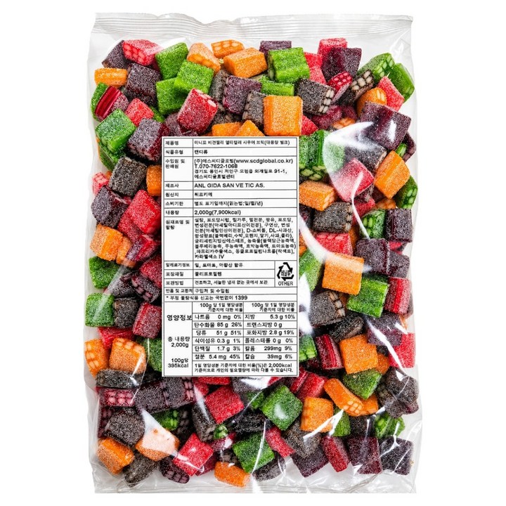 미니꼬 대용량 멀티컬러 사우어 브릭 비건젤리, 2kg, 1개