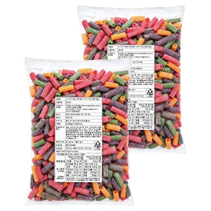 미니꼬 대용량 멀티컬러 사우어 스틱 비건젤리, 2kg, 2개