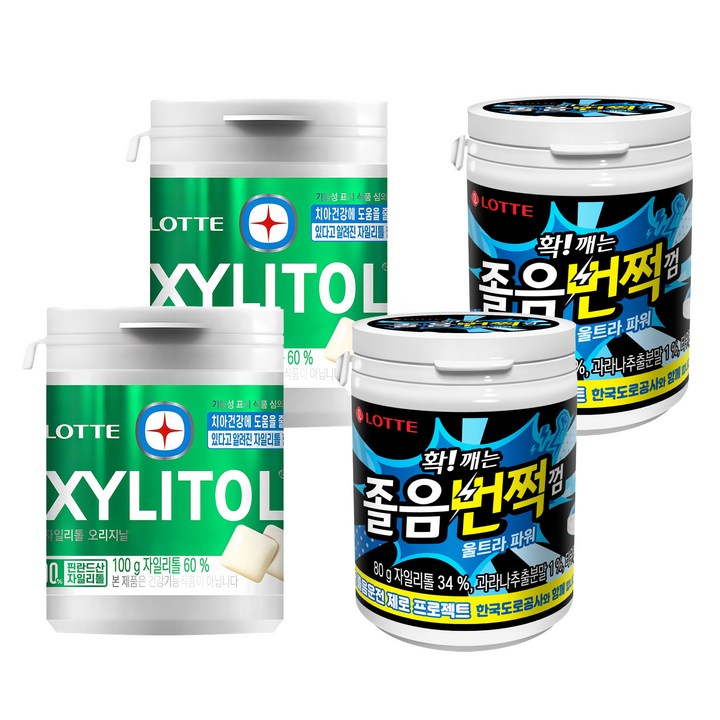 롯데웰푸드 확 깨는 졸음번쩍껌 울트라 파워 80g 2p + 자일리톨 오리지날 100g 2p, 1세트, 80 g + 100 g