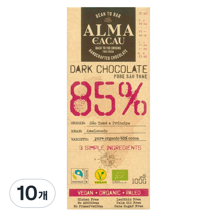 알마카카우 유기농 다크초콜릿 85%, 100g, 10개