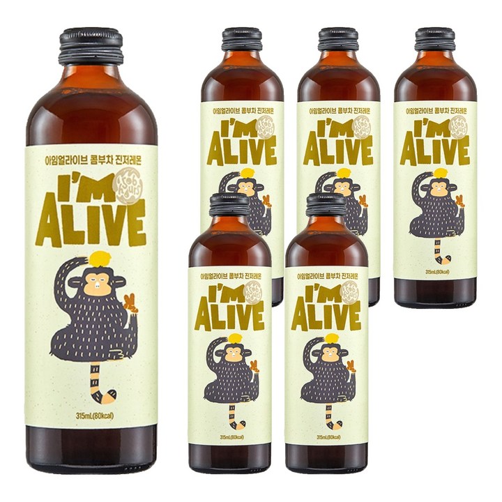 아임얼라이브콤부차 유리병 진저레몬, 315ml, 6개