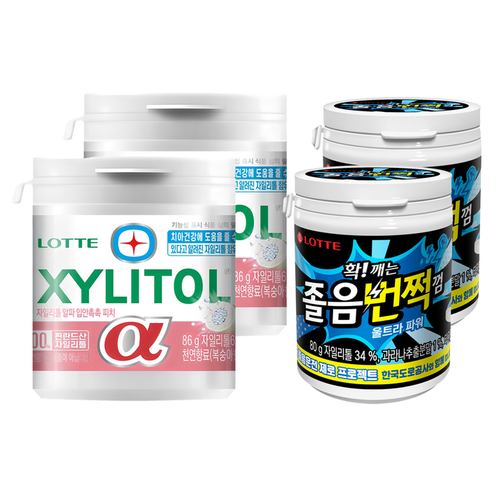 롯데자일리톨 알파 입안촉촉 피치 86g 2p + 졸음번쩍껌 울트라파워 80g 2p, 1세트, 86 g + 80 g