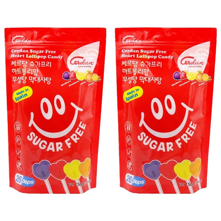 카라멜세르단 쎄르당 슈가프리 무설탕 하트롤리팝 막대사탕, 150g, 2개