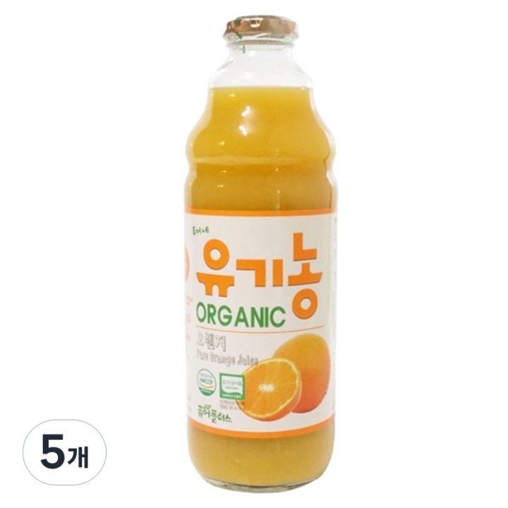 퓨어플러스 유기농 오렌지주스, 1L, 5개