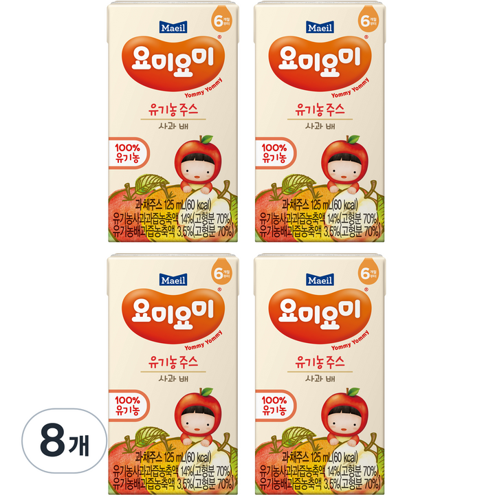 요미요미 유기농 주스 사과 배, 125ml, 8개