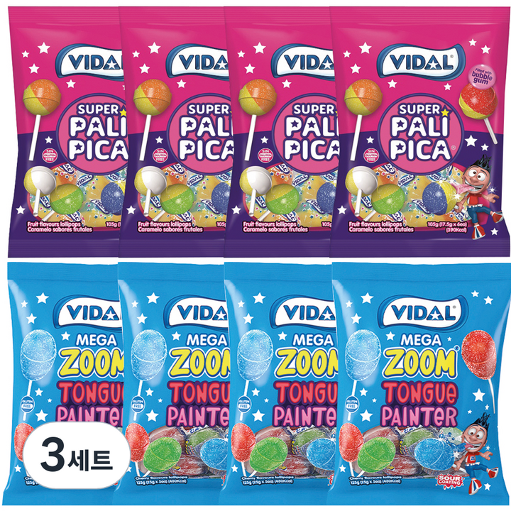 비달 롤리팝 파티팩 수퍼 팔리피카 필드 위드 버블껌 캔디 105g x 4p + 메가줌 페인터 캔디 125g x 4p 세트, 3세트