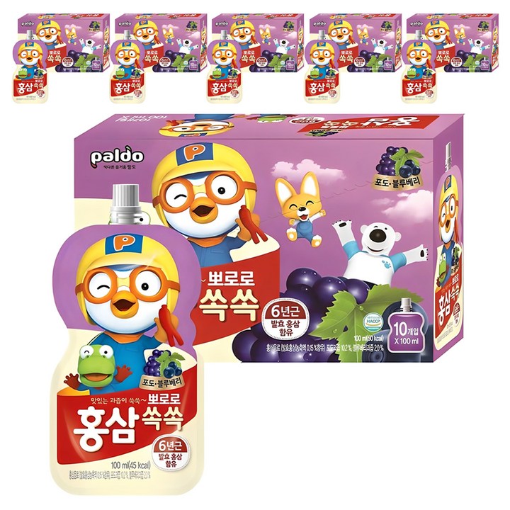 팔도 뽀로로 홍삼쏙쏙 어린이 음료 포도블루베리맛, 100ml, 60개