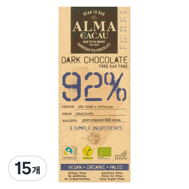 알마카카우 유기농 다크초콜릿 92%, 100g, 15개
