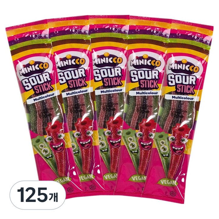 미니꼬 비건젤리 멀티컬러 사우어 롱롱 스틱, 50g, 125개