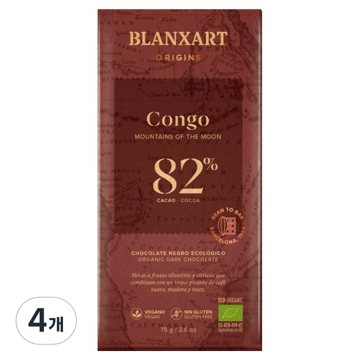 블랑사르트 유기농 다크 82% 빈투바 초콜릿, 75g, 4개