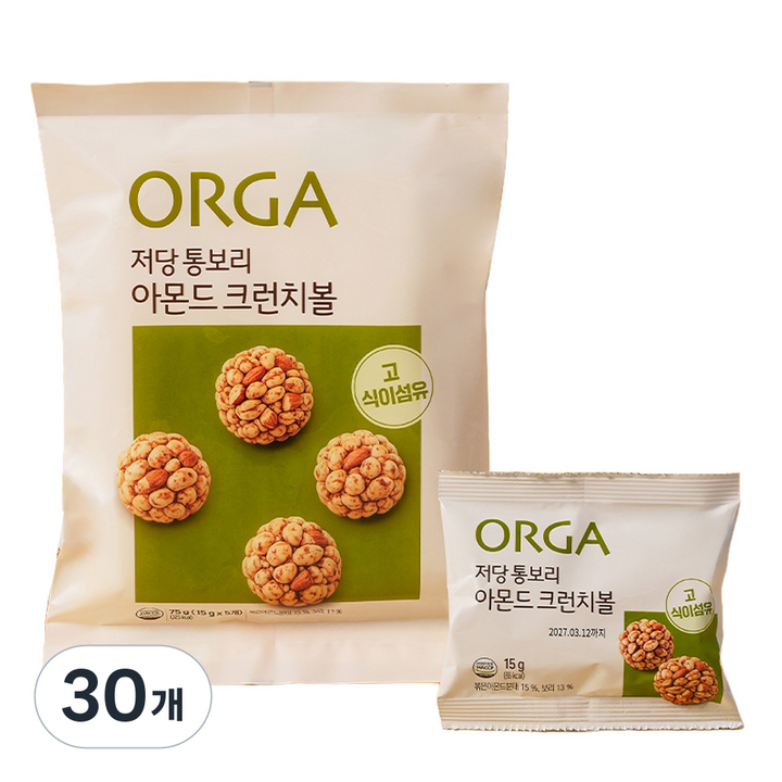 올가홀푸드 저당 통보리 아몬드 크런치볼 5p, 75g, 30개