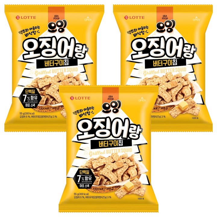 롯데웰푸드 오잉 오징어랑 버터구이칩, 55g, 3개