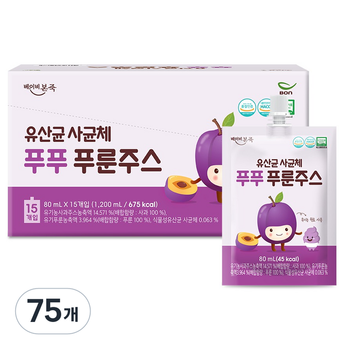 베이비본죽 유산균 사균체 푸푸 푸룬주스, 80ml, 75개