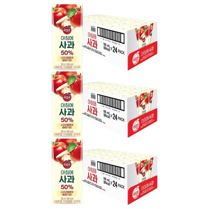 해태htb 과일촌 아침에 사과 주스, 195ml, 72개