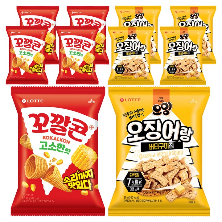 롯데웰푸드 오잉 오징어랑 버터구이칩 55g 5p + 꼬깔콘 고소한맛 67g 5p, 1세트