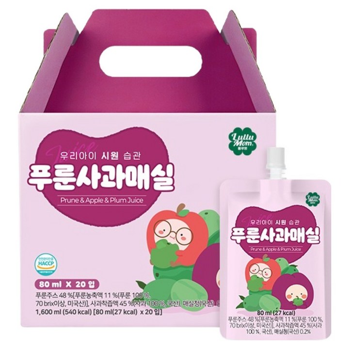 룰루맘 우리아이 시원습관 푸룬사과매실 주스, 80ml, 20개
