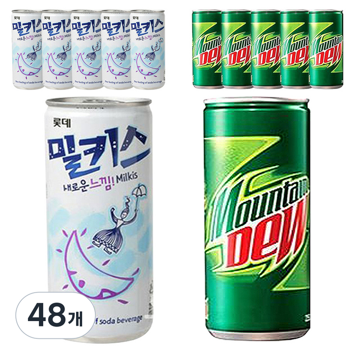 밀키스 250ml x 6p + 마운틴듀 250ml x 6p, 48개