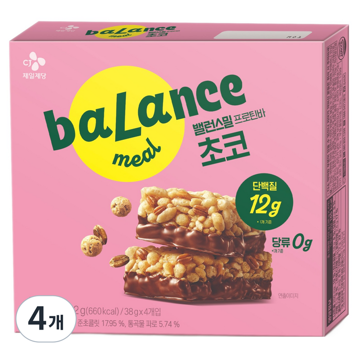 CJ제일제당 밸런스밀 저당 프로틴바 초코맛 4p, 4개, 152g