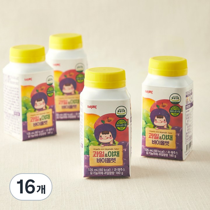비락 유기가공식품 인증 과일 & 야채 바이올렛 키즈 주스, 135ml, 16개