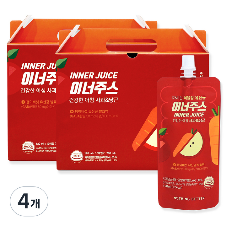 낫띵베럴 이너주스 유산균 사과당근 주스 10p, 120ml, 4개