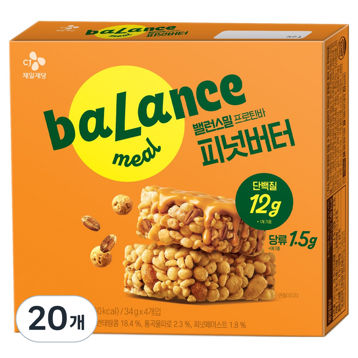 CJ제일제당 밸런스밀 프로틴바 피넛버터맛 4p, 136g, 20개