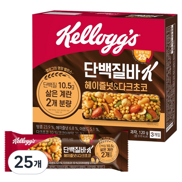 켈로그 단백질바K 헤이즐넛 & 다크초코, 120g, 25개