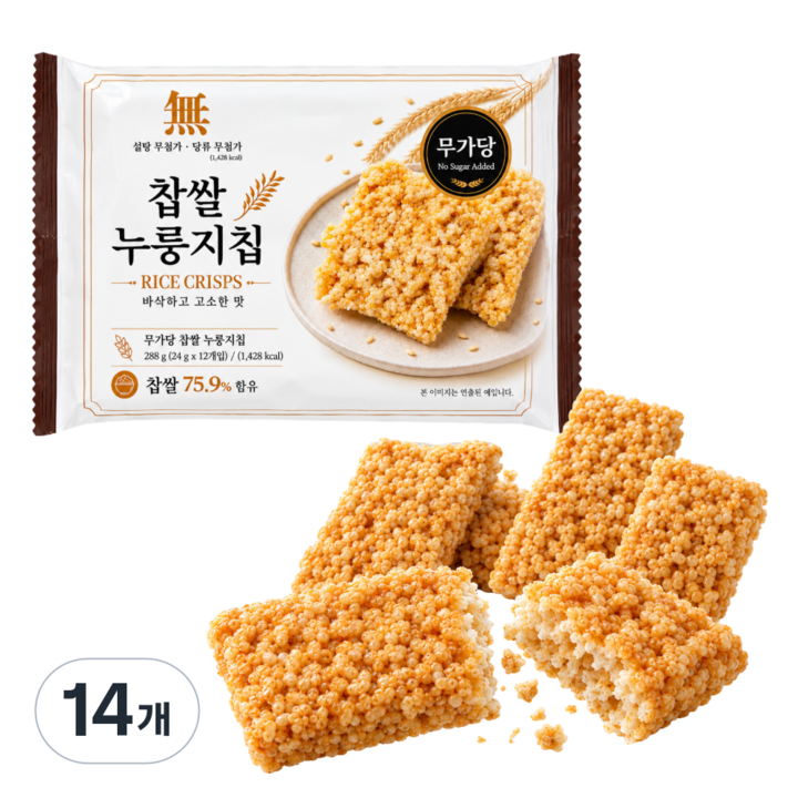 찹쌀 누룽지 쌀과자 무가당 쌀스낵 간식 개별포장 대용량, 14개, 288g