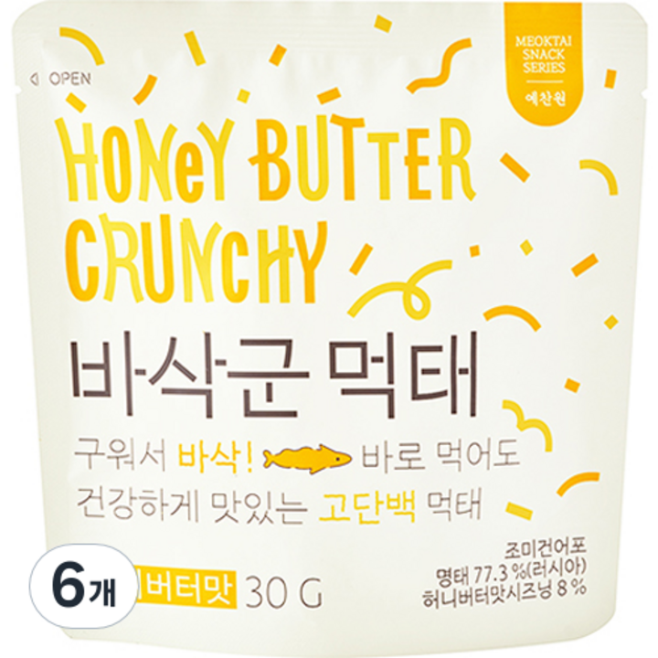 예찬원 바삭군 시즈닝 먹태 허니버터맛, 30g, 6개