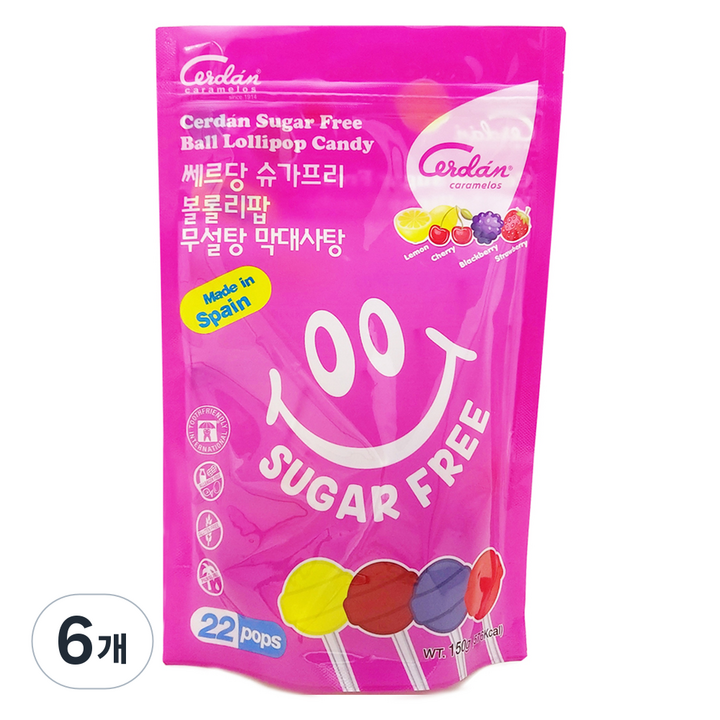 카라멜세르단 쎄르당 슈가프리 무설탕 볼롤리팝 막대사탕, 150g, 6개