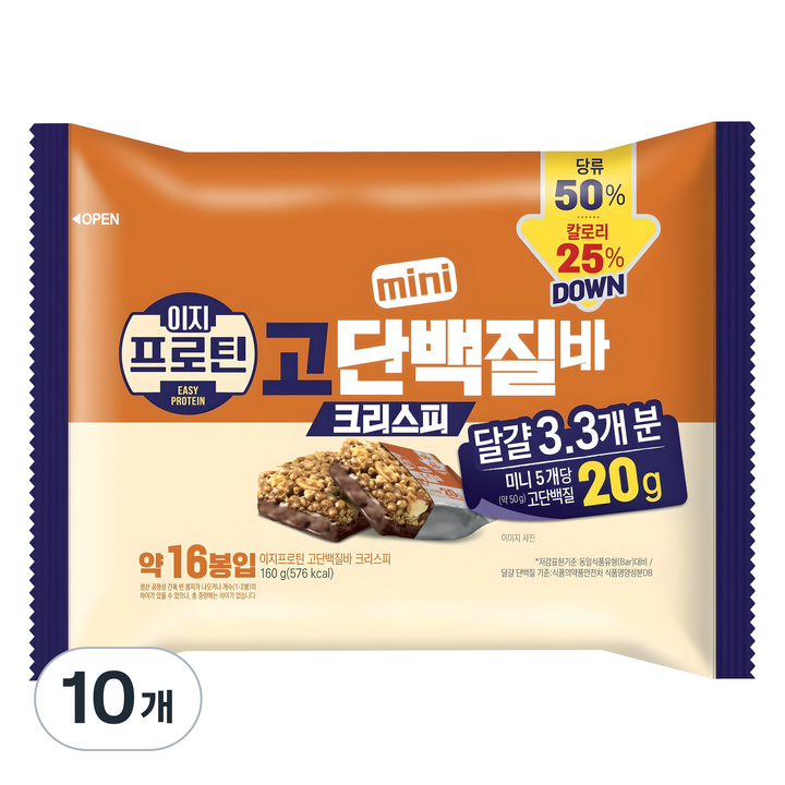 롯데웰푸드 이지프로틴 크리스피 미니 고단백질바, 160g, 10개