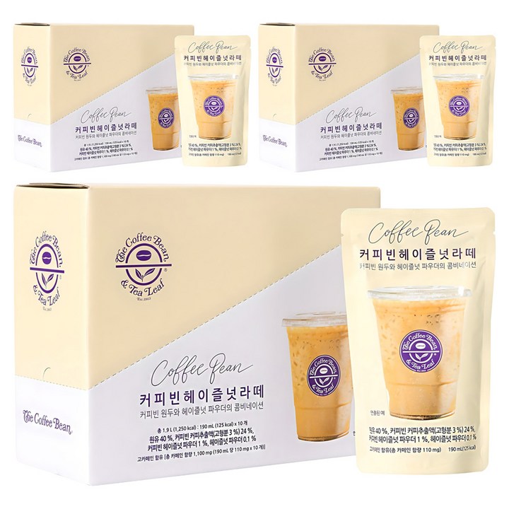 커피빈 헤이즐넛 라떼 파우치형 프리미엄 액상 커피, 190ml, 30개