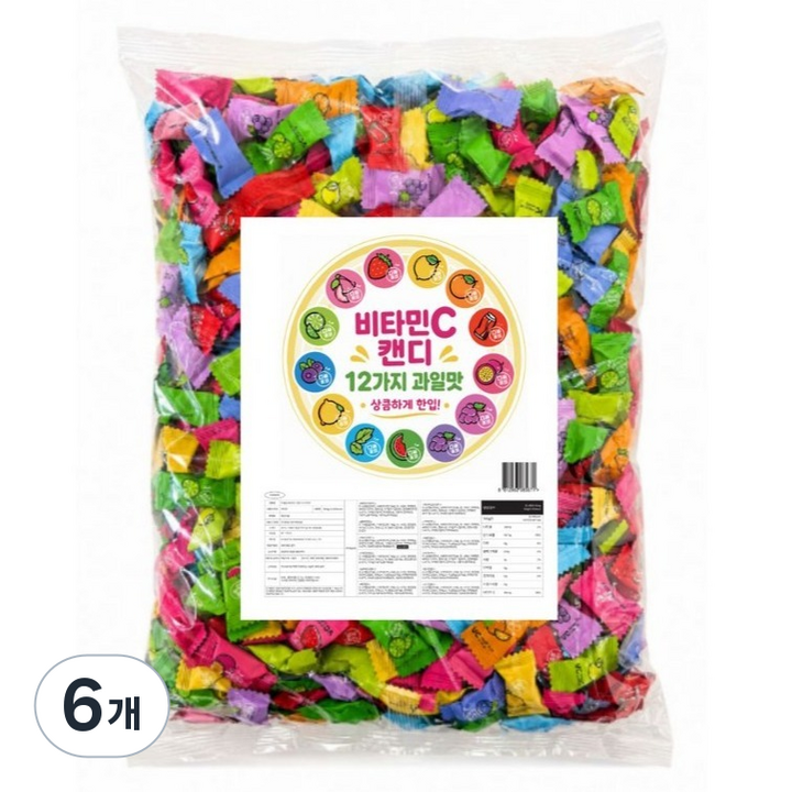 비타민C 12가지맛 상쾌한 과일맛 약480 봉지 대용량 캔디, 500g, 6개