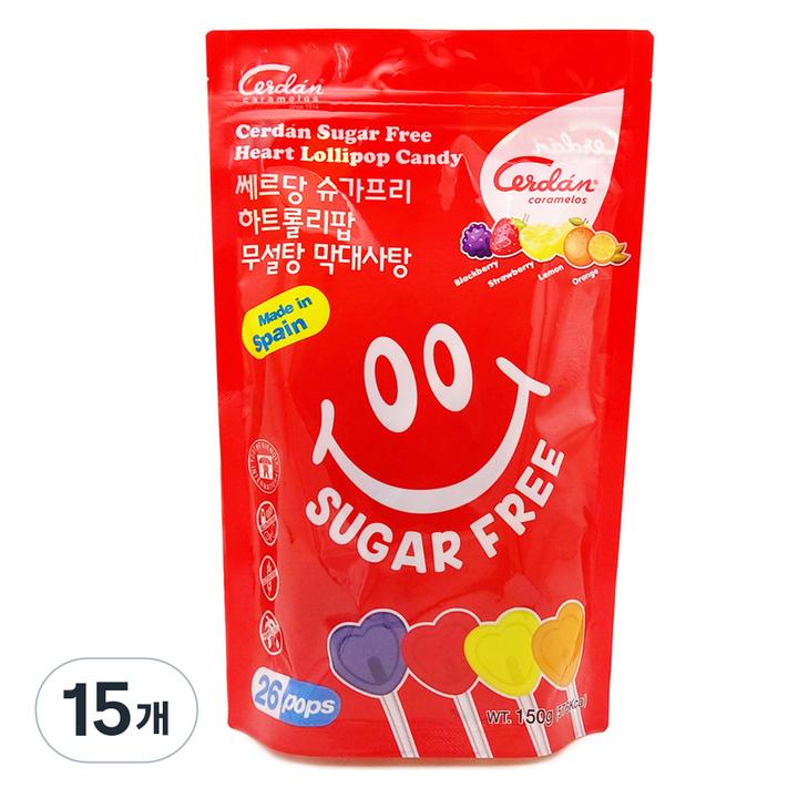 카라멜세르단 쎄르당 슈가프리 무설탕 하트롤리팝 막대사탕, 150g, 15개